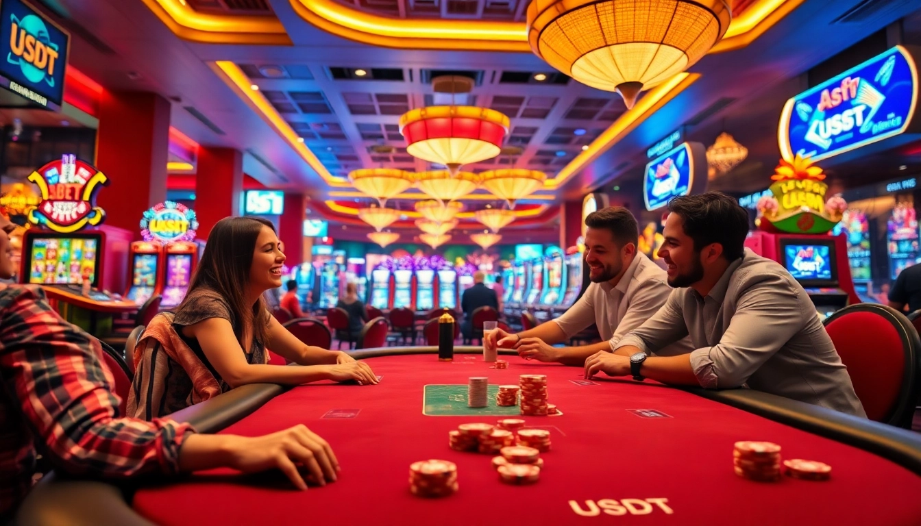 Les joueurs profitant d'un casino usdt avec une ambiance dynamique et des lumières éclatantes.
