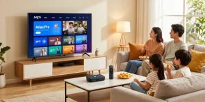 Family enjoying Atlas Pro IPTV subscription in a cozy living room