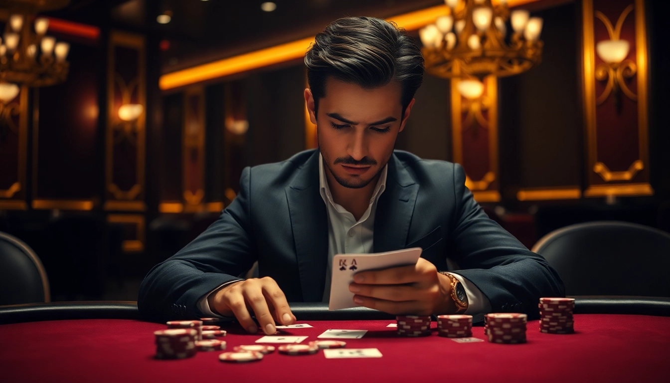 Analyse de coinpoker avis avec un joueur concentré à une table de poker élégante.