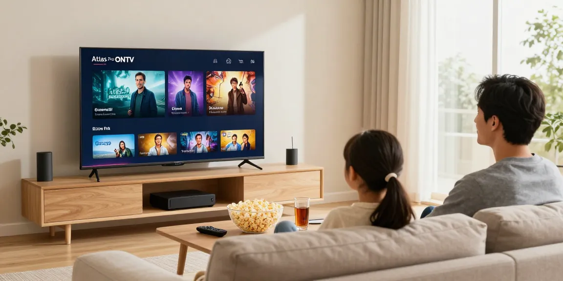 Famille profitant d'une soirée cinéma avec Atlas Pro ONTV sur Smart TV dans un salon confortable.