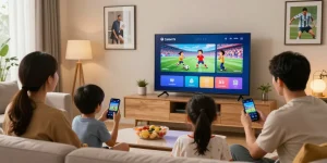 La famille profitant du service Iron TV Pro sur un téléviseur intelligent dans un salon moderne, ambiance chaleureuse.
