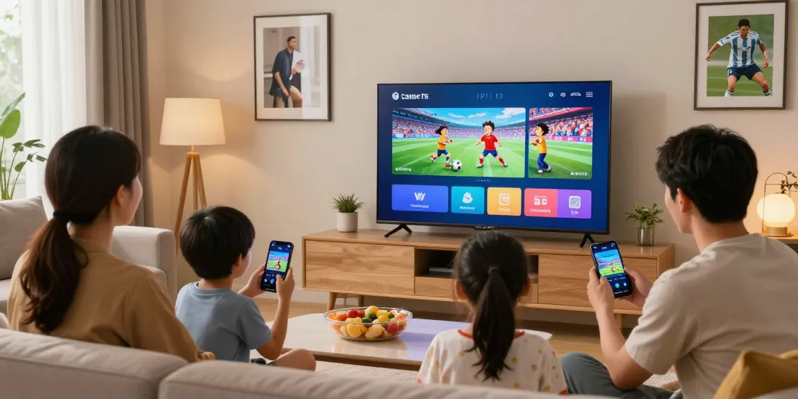 La famille profitant du service Iron TV Pro sur un téléviseur intelligent dans un salon moderne, ambiance chaleureuse.