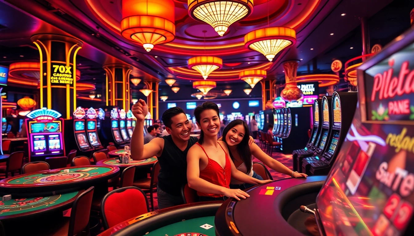 Joueurs profitant d'une expérience de casino en ligne dans une ambiance animée et lumineuse.