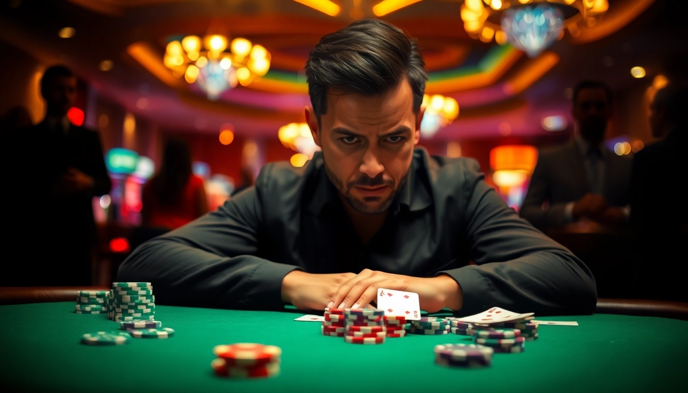 Joueur de poker en action utilisant la meilleure application poker dans un casino animé.