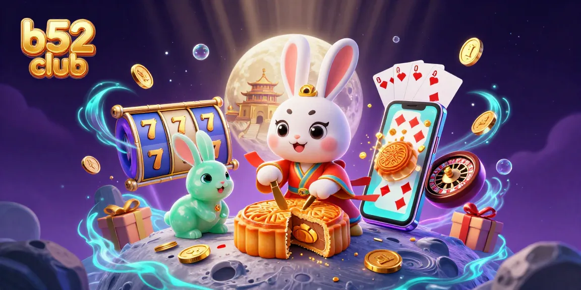 Engage with thrilling games at b52 club, featuring a magical moon festival scene with poker chips and spinning slot reels.
