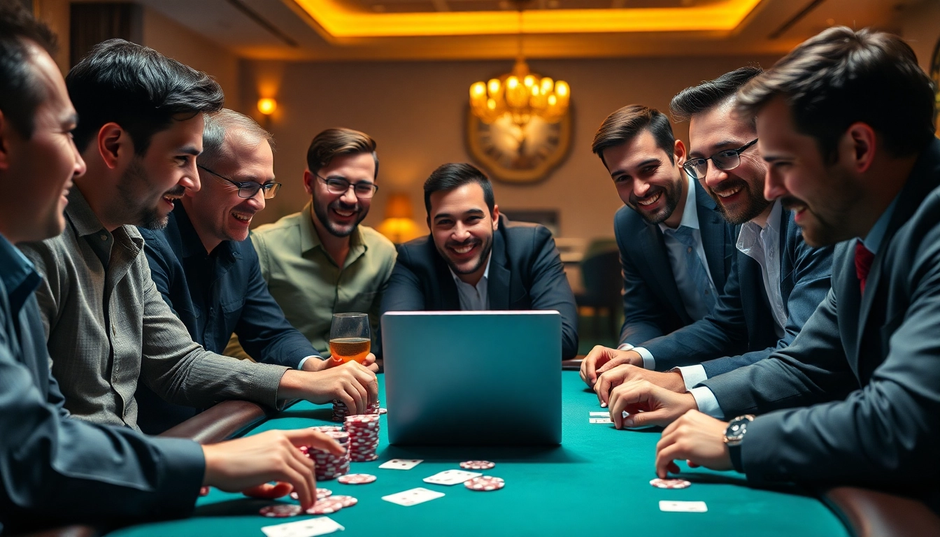 Jouez au poker en ligne à une table animée avec des joueurs concentrés et des cartes étalées.