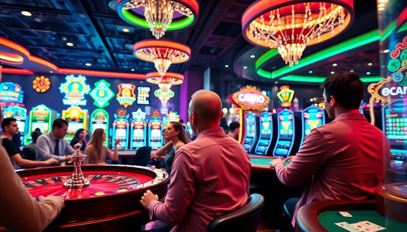 Joueurs profitant de casino en ligne avec des jeux de poker et de roulette sur des écrans numériques.