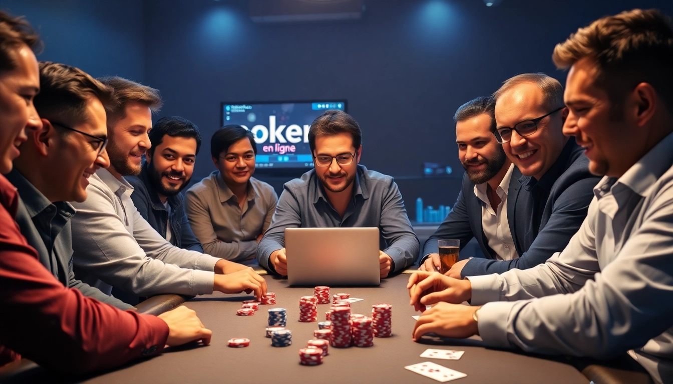 Jouez au poker en ligne à une table animée avec des joueurs concentrés et des cartes étalées. related image