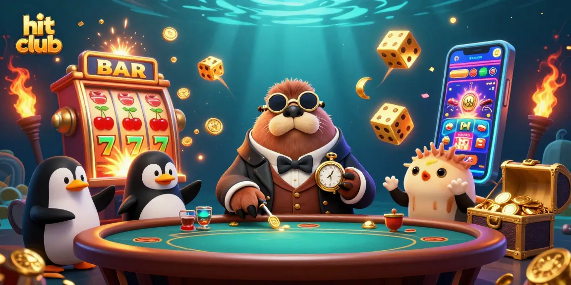 Play thrilling casino games at hit club while a walrus and a penguin deal cards underwater.