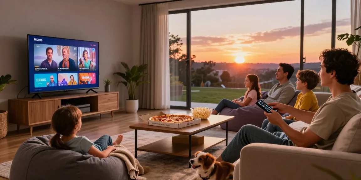 Une famille profite d'une soirée cinéma sur iron tv dans un salon confortable avec des collations et la lumière du coucher de soleil.