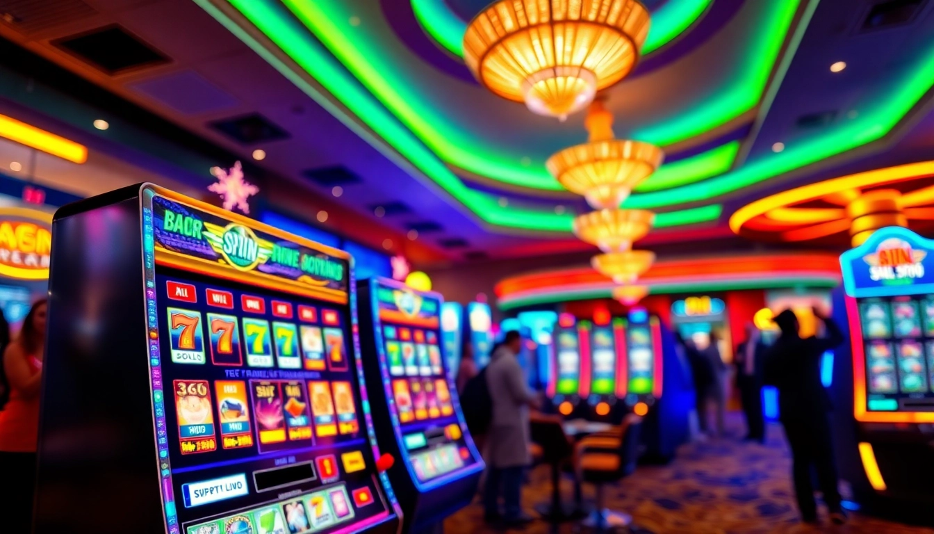 Jouer à la machine à sous casino avec des lumières colorées et l'excitation ambiante.