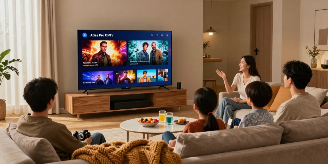 Famille profitant d'une soirée cinéma confortable à la maison avec le streaming Atlas Pro ONTV sur Smart TV.