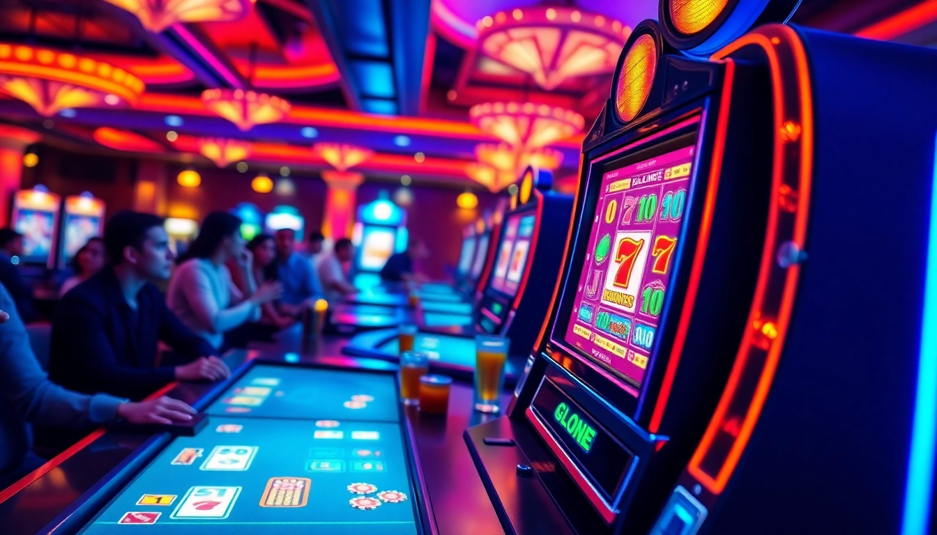 Casino en ligne retrait immédiat, image immersive d'un casino rempli de joueurs et de machines à sous.