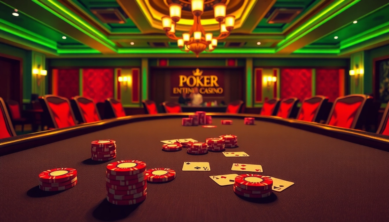 Jouez au poker en ligne sur une table élégante avec des jetons colorés et des cartes excitantes.