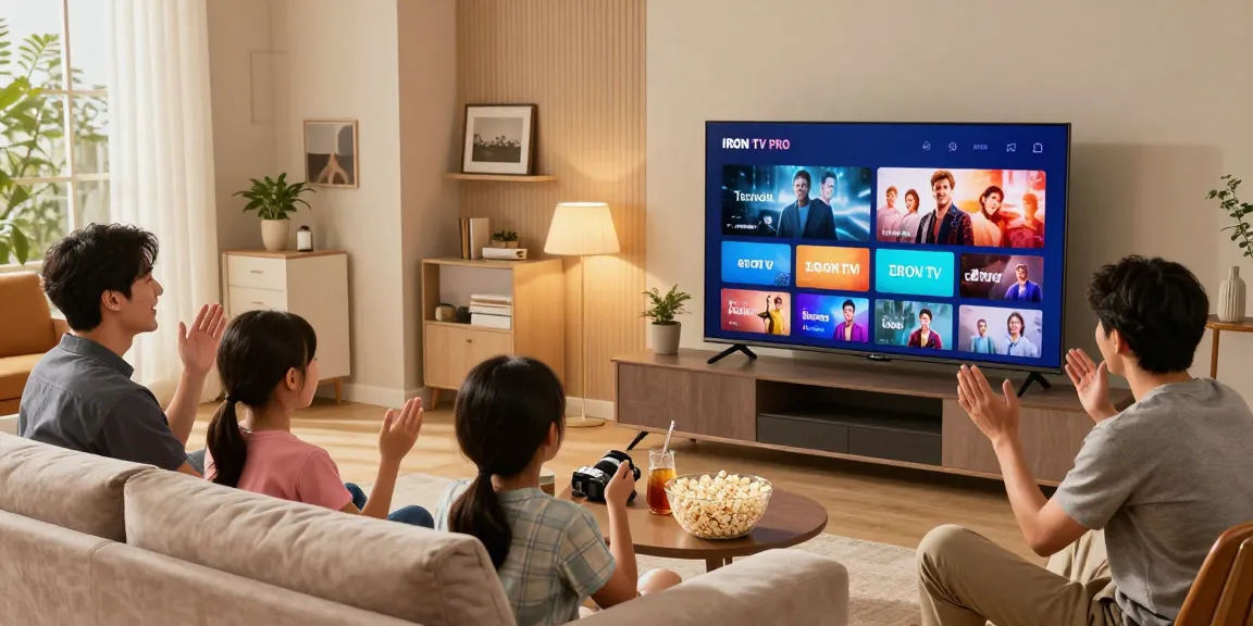 Une famille profitant de l'application iron tv sur un Smart TV dans un salon moderne.