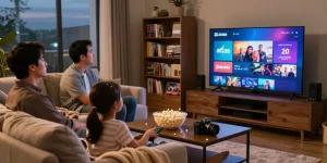 Family enjoying a movie night on a smart TV with atlas pro ontv streaming content.