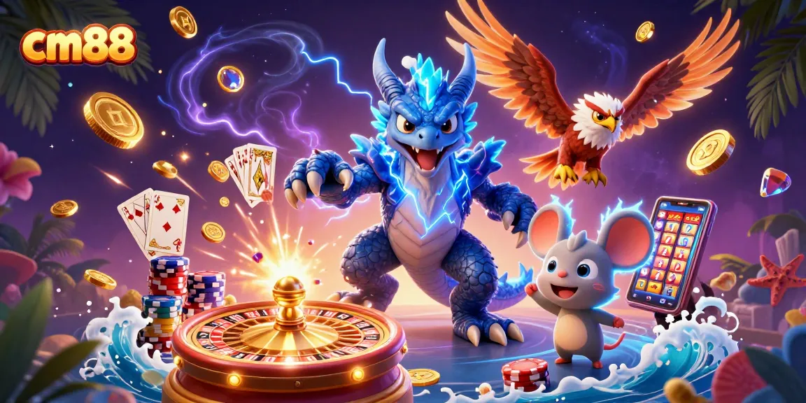 Experience thrilling gameplay with cm88's electric dragon, colorful poker chips, and dynamic casino elements.