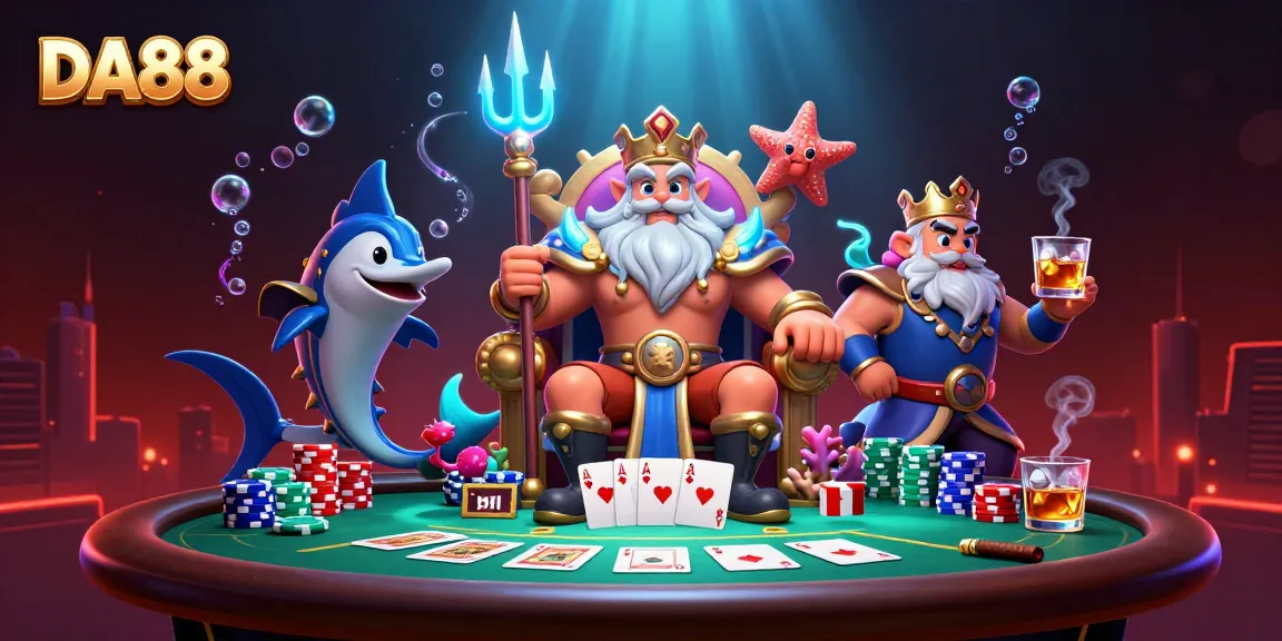 Engage with DA88 poker gameplay featuring cartoon sea king Neptune and vibrant casino elements.