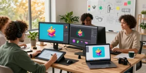 Collaboration dans un studio de création 3D avec générateur 3D IA, où les designers transforment des esquisses en modèles.