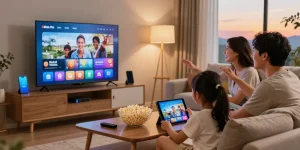 Une famille profitant de Atlas Pro ONTV dans un salon moderne avec télévision intelligente