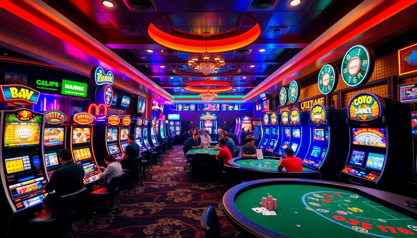 Jouer à des jeux de casino en ligne avec des lumières vives et une ambiance animée.
