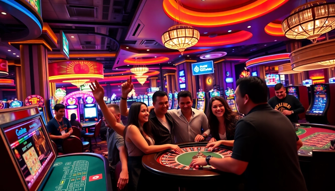 Joueurs profitant d'une expérience de casino en ligne dans une ambiance animée et lumineuse. related image