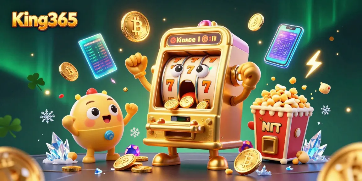 King365 brings thrilling excitement with a jackpot-winning slot machine surrounded by cheerful smaller slots and golden popcorn, illustrating a vibrant gambling scene.