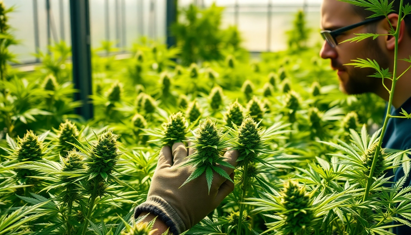 Inspecting vibrant Wholesale THC Marijuana Buds Europe in a sunlit greenhouse environment.