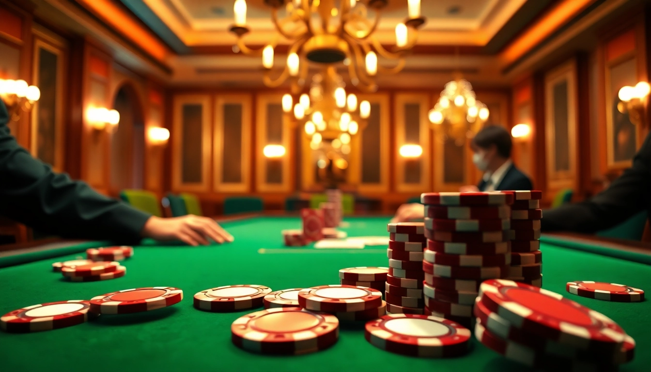 Joueurs captivés par une partie de poker en ligne avec des jetons colorés sur la table.