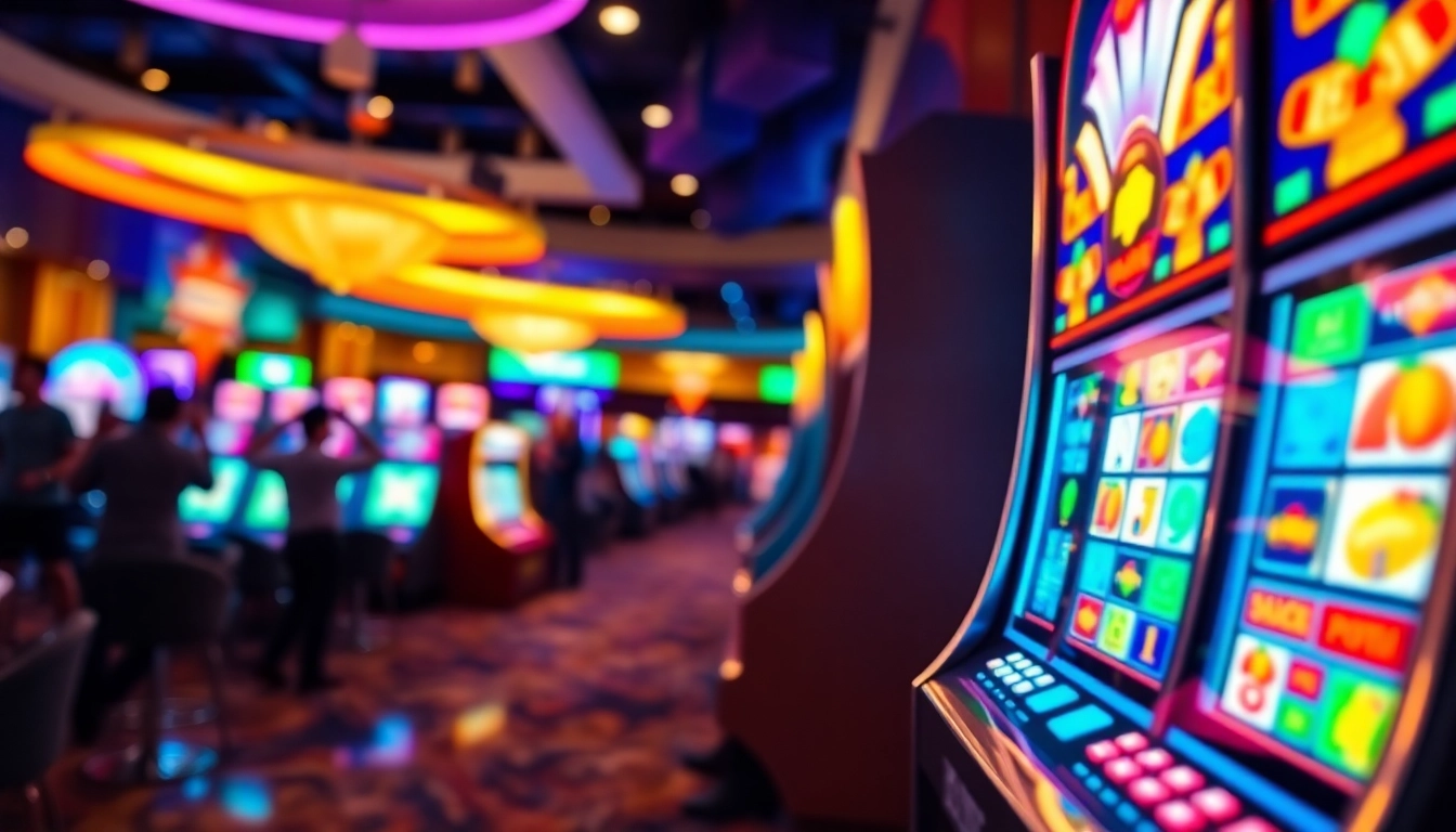 Jouer à la machine à sous casino avec des lumières colorées et l'excitation ambiante. related image