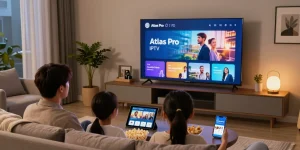 Famille profitant de l'IPTV avec Atlas Pro dans un salon moderne, ambiance chaleureuse.