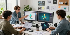 Team of designers using generateur 3D IA in a modern workspace to create vibrant 3D assets, showcasing collaboration and creativity.