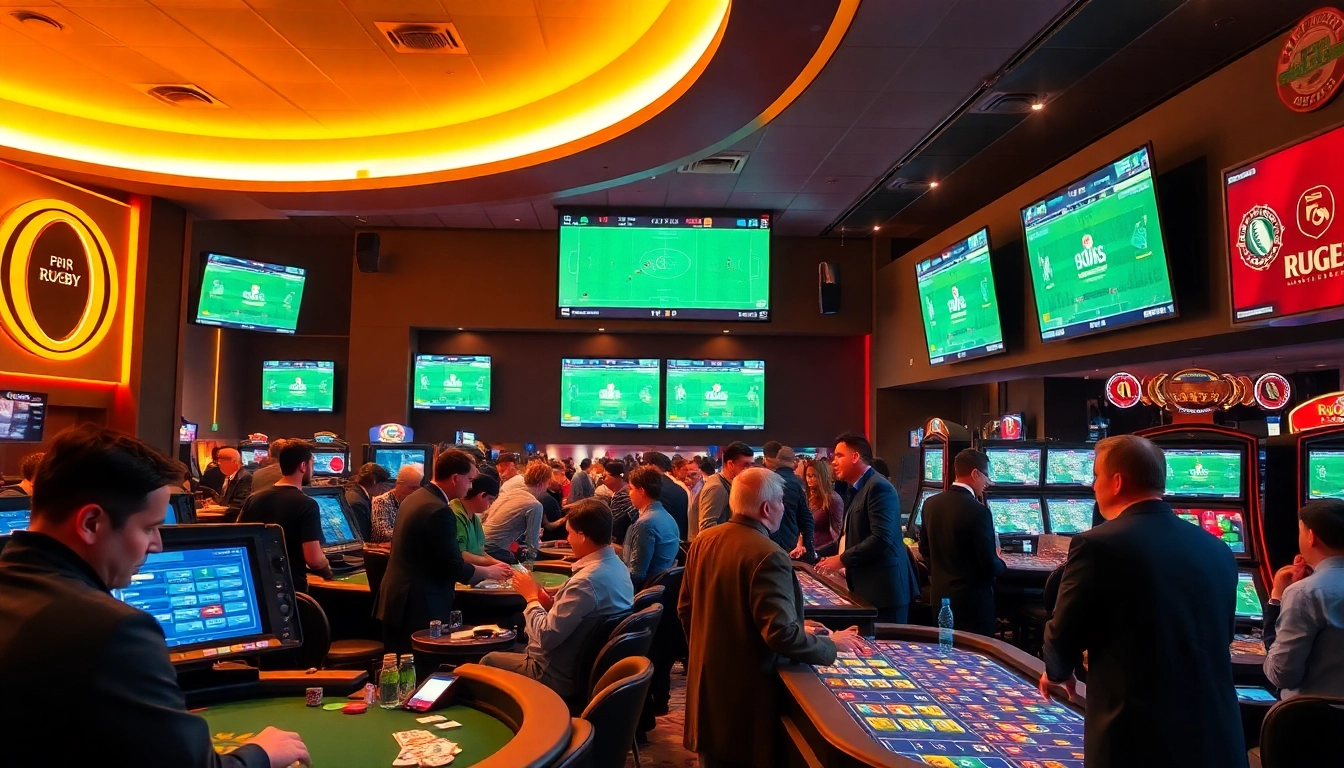 Paris sportif rugby betting scene in a vibrant casino filled with engaged bettors.