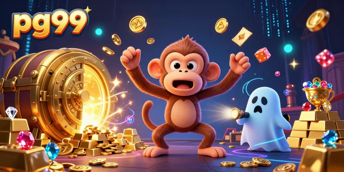 Engage with pg99's exciting casino adventure featuring a playful monkey and ghost-hunter puppy.