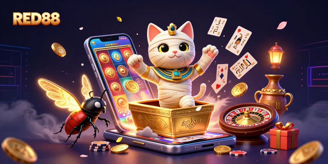 RED88 showcases an Egyptian mummy cat and scarab beetle in a vibrant casino scene.