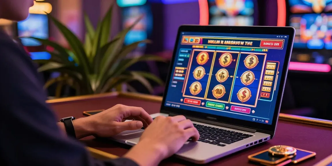 Scène de casino en ligne avec un joueur utilisant des cryptomonnaies pour jouer sur un ordinateur portable, ambiance de jeu numérique.