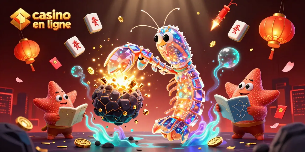 Jouez au casino en ligne avec une illustration animée où un samouraï et une étoile de mer interagissent avec des éléments de jeu.