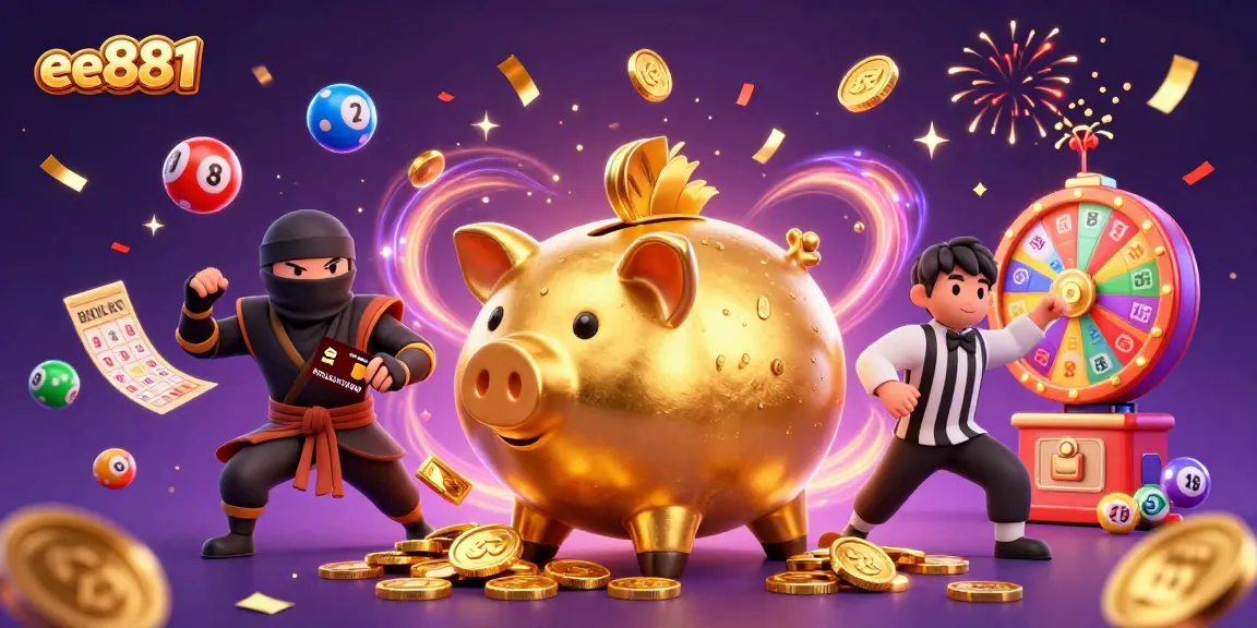 ee881 gamblers celebrate winning with vibrant 3D gambling elements and colorful characters.