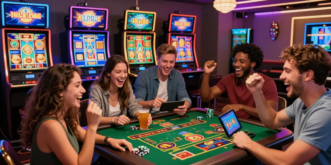 Scène de jeu de casino en ligne avec des amis jouant ensemble et célébrant leurs victoires sur des jeux captivants.