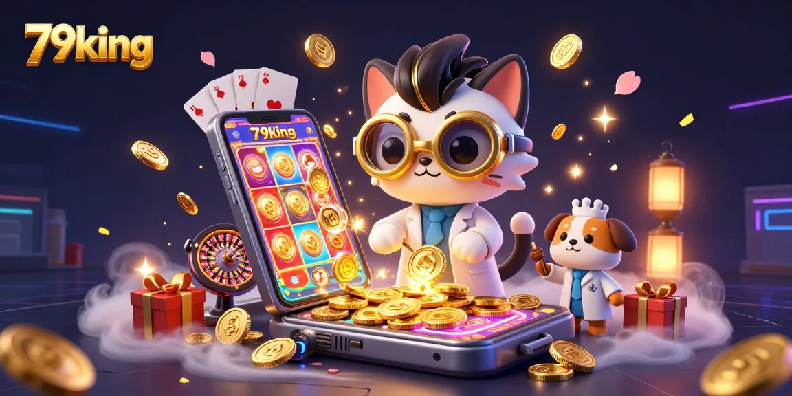 Spin and win with 79king's vibrant casino illustration showcasing a mad scientist and dog creating fun!