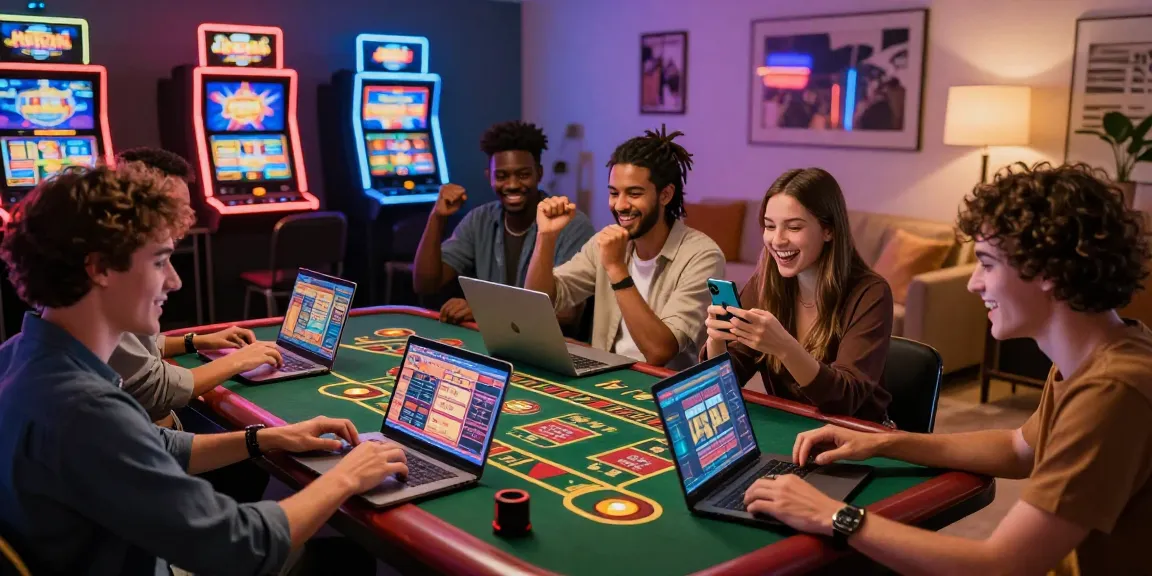 Amis jouant ensemble à des jeux de casino en ligne dans un environnement de jeu moderne.