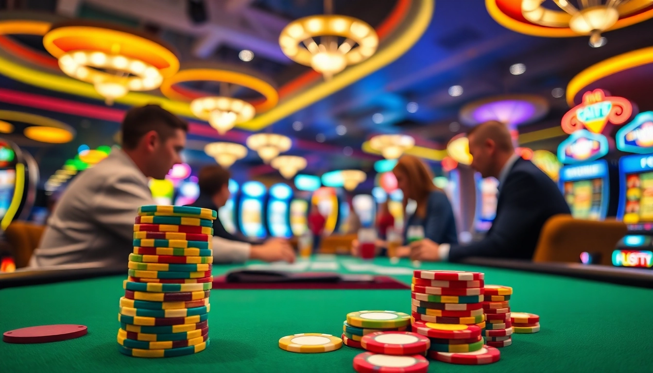 Jouez à casino en ligne avec un impressionnant tableau de poker et des jetons colorés.