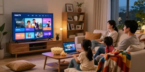 Family enjoying Iron TV subscription with vibrant 4K content in a cozy living room