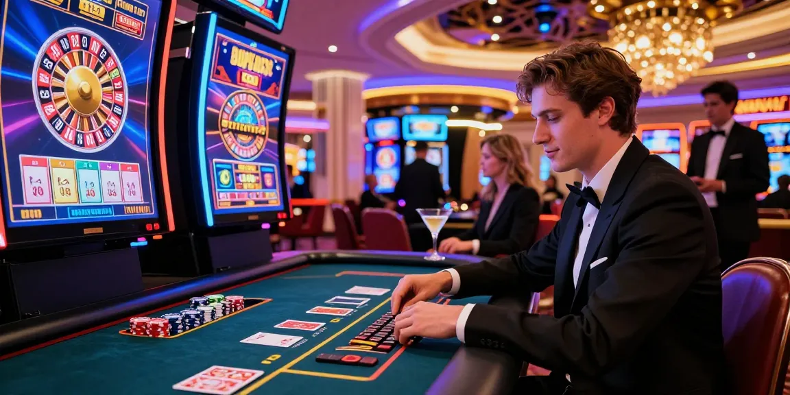Un joueur concentré au casino en ligne avec des écrans montrant des jeux de casino, ambiance luxueuse et éclairage néon.