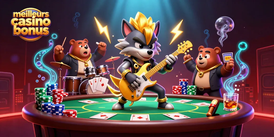Image captivante illustrant les meilleurs bonus de casino avec un loup rock star et un ours batteur sur scène.