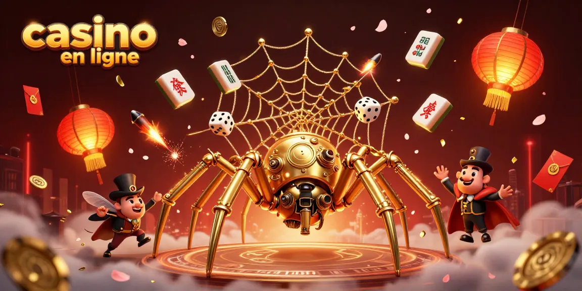 Explorez le casino en ligne à travers une illustration dynamique avec des éléments de jeu et des personnages captivants.