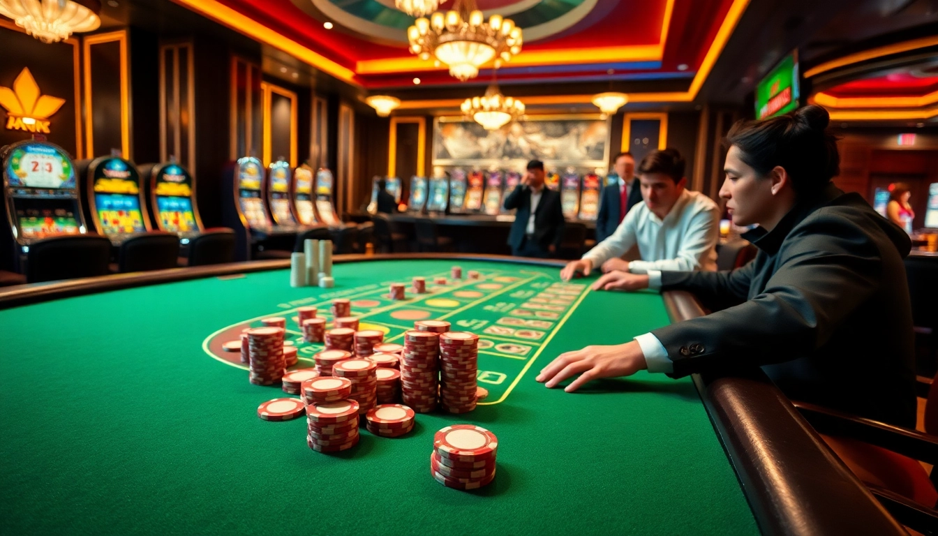 Jouez au casino en ligne avec une ambiance vibrante et des joueurs enthousiastes autour d'une table de jeux.
