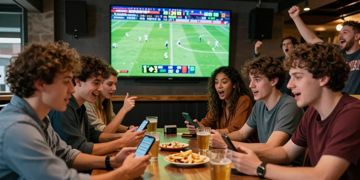 Groupe d'amis profitant des paris sportifs avec un bookmaker sans limite de mise, soutenant leurs équipes préférées.