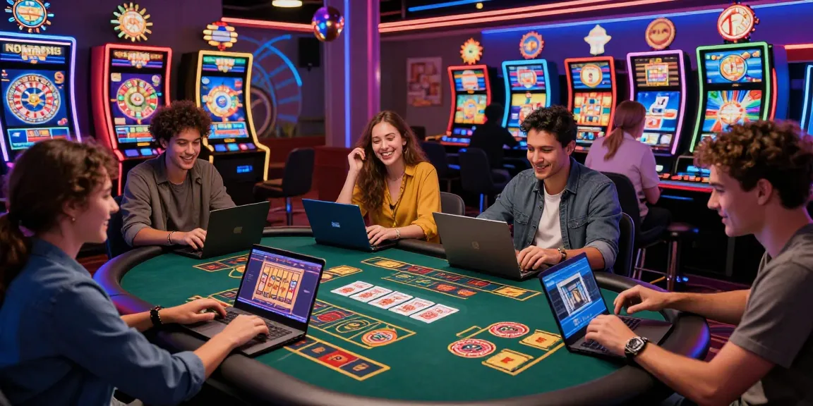 Amis jouant à un casino en ligne, entourés de jeux virtuels excitants.
