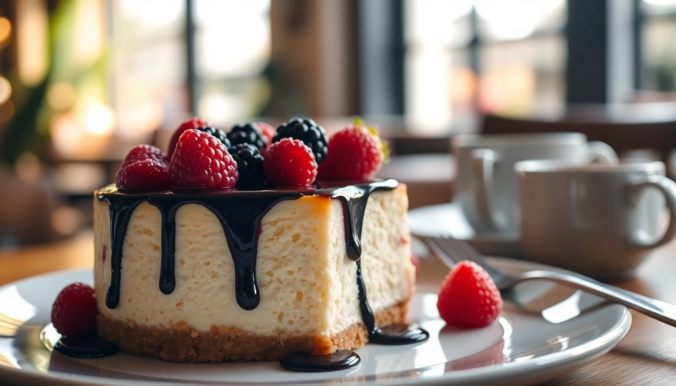 Savourez un CHEESECAKE onctueux garni de baies fraiches dans un café chaleureux.